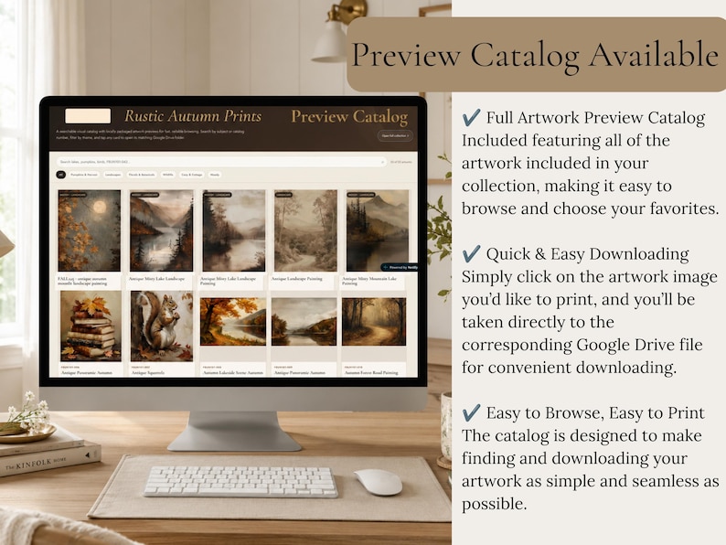 May include: A computer monitor displaying a digital catalog titled Rustic Autumn Prints, featuring a grid of various landscape and nature-themed artworks. The screen shows thumbnails of paintings, including forests, lakes, and a squirrel, with text instructions for downloading files via Google Drive.