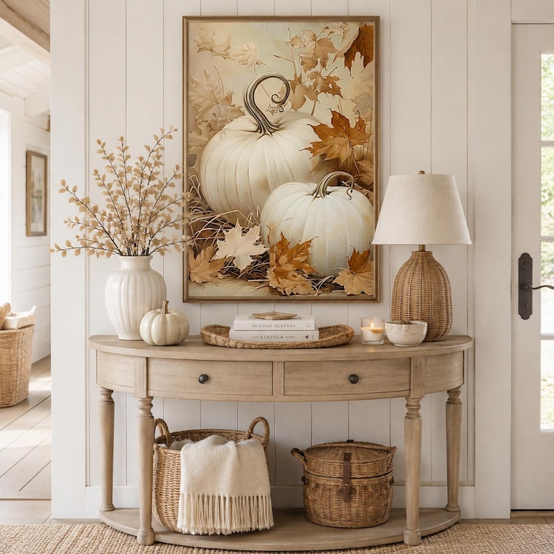 May include: A semi-circular wooden console table holds a white vase with dried branches, a small white pumpkin, a woven tray with books, a candle, and a woven lamp. A framed print of white pumpkins and autumn leaves hangs above the table.