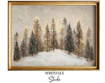 冬の森の風景画 | 印刷可能なクリスマスウォールアート | ムーディーな常緑樹のデジタルアート 194