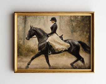 Vintage Equestrian Elegance Art - Classic Dressage Scene, Moody Equine Portrait, Antique Horse Rider Painting, Printable Wall Art 239