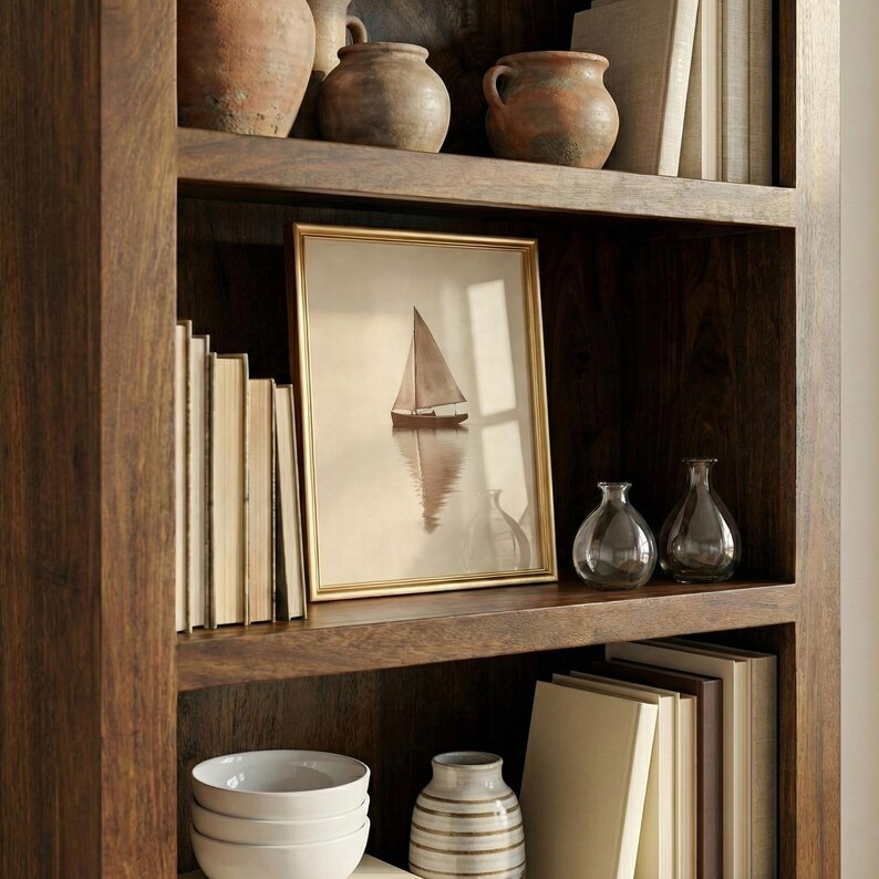 May include: A dark wooden bookshelf filled with various decorative items. A framed picture of a sailboat on water is centered on a shelf, surrounded by books, vases, and bowls. The bookshelf has a rich, warm tone.