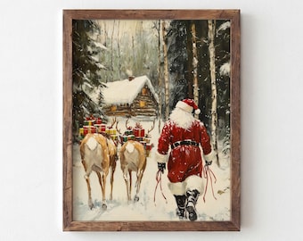 Vintage jultomte- och rentryck, rustik julväggkonst, (digital nedladdning)