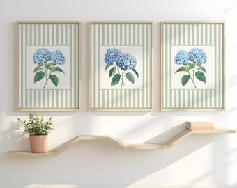 ストライプ模様のアジサイ 3ピース ウォールアート ヴィンテージ フレンチカントリー フローラルプリント グランドミレニアル デコレーション WG102