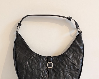 Black Leather Hobo Bag – Textured Crescent Shoulder Bag