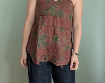 Patchwork Sleeveless Top – Mixed Pattern Brown Leaf Print