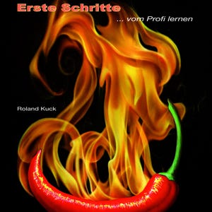 Könnte beinhalten: Buchcover mit dem Wort "AIRBRUSH" in gelb umrandeten Buchstaben. Darunter steht der Text "Eerste Schritte" in Rot. Eine rote Chilischote mit grünem Stiel vor einem Flammendesign. Das Wort "E-BOOK" steht unten.