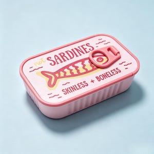 Puede incluir: Un recipiente rectangular de color rosa claro con forma de lata y tapa de anilla. La parte superior presenta un gr&aacute;fico de un pez amarillo y rojo con el texto "not SARDINES" y "SKINLESS + BONELESS" impreso en una fuente rosa oscuro.