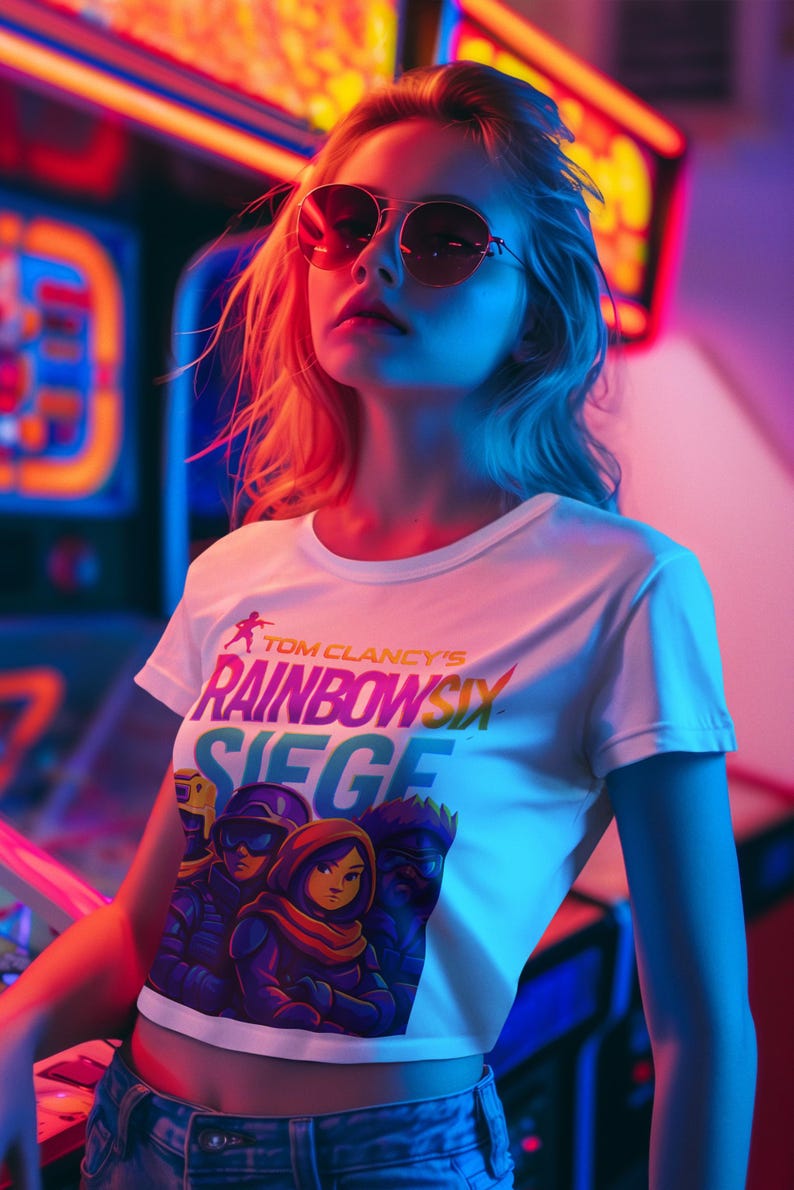 May include: A white crop top featuring the text "TOM CLANCY'S RAINBOW SIX SIEGE" with a graphic of three characters. The image is set in a neon-lit arcade environment, with the subject wearing sunglasses.