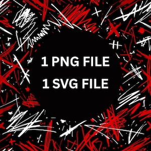May include: Abstract digital artwork featuring a black backdrop with a pattern of red and white scribbles. A black circle in the centre displays the white text "1 PNG FILE" and "1 SVG FILE".