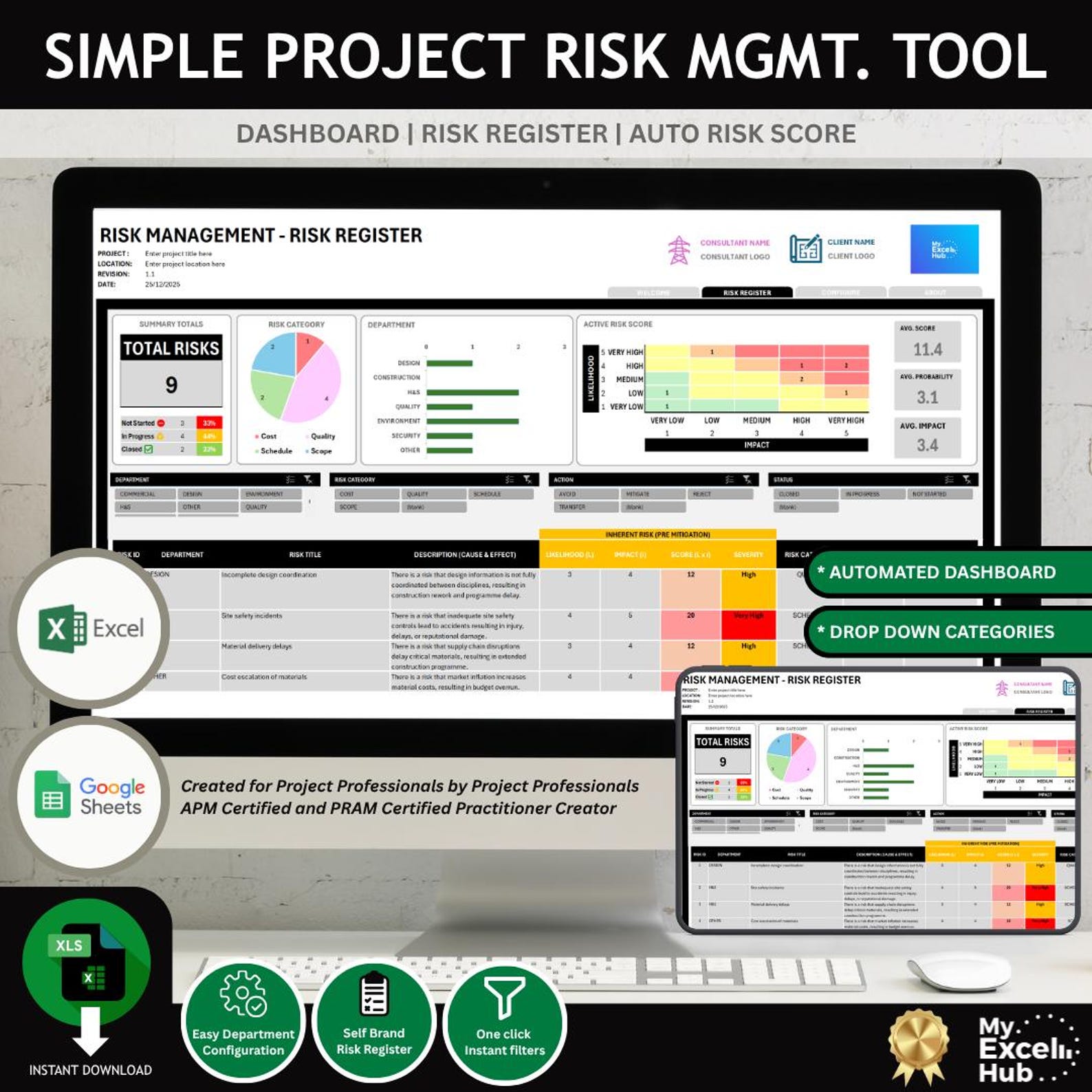 Simple Risk Management Register Excel Template | Automated Dashboard ...