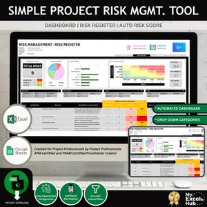 May include: A computer monitor and tablet showing a risk management dashboard. The screen displays charts, graphs, and data analysis tools. The text reads "SIMPLE PROJECT RISK MGMT. TOOL" and "RISK MANAGEMENT - RISK REGISTER".