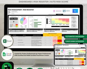 Pode incluir: Um monitor de computador e um tablet exibindo um painel de gerenciamento de riscos. A tela mostra gráficos e ferramentas de análise de dados. O texto diz "SIMPLE PROJECT RISK MGMT. TOOL" e "RISK MANAGEMENT - RISK REGISTER".