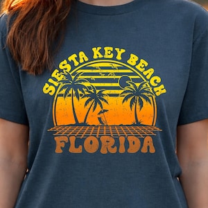 Camiseta con puesta de sol en Siesta Key Beach, Florida, estilo retro con palmeras