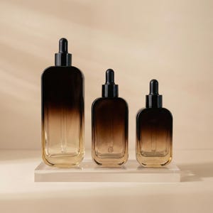May include: Three glass dropper bottles of varying sizes with a gradient brown color scheme. Each bottle has a black dropper top and a clear glass pipette. The bottles are displayed on a clear acrylic shelf against a neutral background.