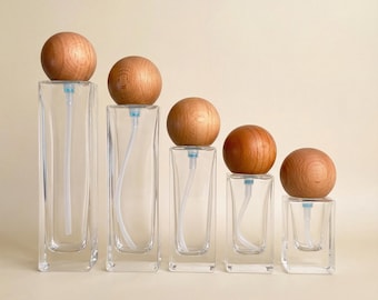 20ml - 120ml Clear Glass Lotion Bottle with a Wooden Spherical Screw Cap, Refillable Perfume & Skincare Container
