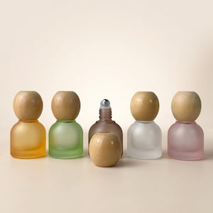 10ml Frosted Glass Roller Bottle with Wood Ball Cap, Empty Essential Oil Perfume Bottle, Colorful Travel Fragrance Packaging