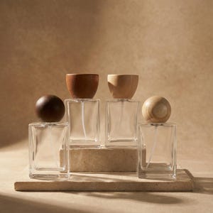 May include: Four clear glass perfume bottles with wooden caps. Two have rounded caps, and two have bowl-shaped caps. The bottles are arranged on a light brown surface against a neutral background. The caps are various shades of brown.