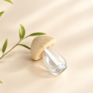 May include: A small mushroom-shaped object featuring a light-colored, textured wooden cap and a clear glass base. The glass portion is transparent and bulbous, resembling a stem, while the wooden top has a visible grain and rounded shape.