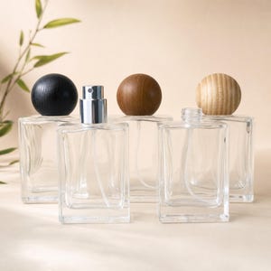 30ml 50ml Square Clear Glass Spray Bottle with Wooden Ball Cap, Refillable Atomizer, Elegant Container for Fragrance, Room Spray & DIY Scent