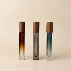 10ml Square Glass Perfume Bottle, Refillable Rollerball or Spray Atomizer with Wood Cap, Travel Fragrance Bottle in Amber Gray Blue