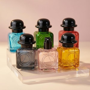 May include: Six colorful perfume bottles with black bowler hat-shaped caps. The bottles are filled with blue, green, red, yellow, gray, and pink liquids. Each bottle has a circular design on the front and sits on a clear acrylic display.