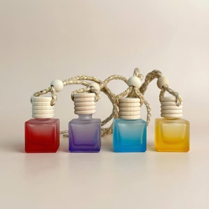 May include: Four small, square-shaped glass bottles in red, purple, blue, and yellow, each with a wooden cap and a string for hanging. The bottles are arranged in a row, with a neutral background.