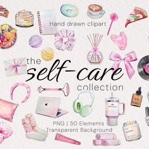 Puede incluir: Ilustración en acuarela de artículos de autocuidado, que incluyen una computadora portátil, auriculares, una esterilla de yoga y un disco de vinilo. Se muestra el texto "the self-care collection". La imagen presenta una variedad de artículos rosas y de colores pastel.
