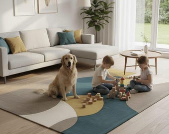 Hand-Tufted Wool  Area Rug | Abstract Geometric Navy & Beige Design | Luxury Modern India Carpet