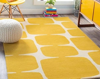Geometric Area Rug in Mustard Yellow, Hand-Tufted Wool Modern Carpet