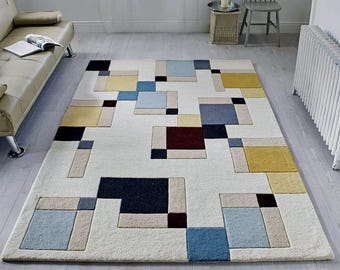 Modern Geometric Hand-Tufted Wool Area Rug – Multi-Color Block Pattern in Cream, Blue, Yellow & Beige