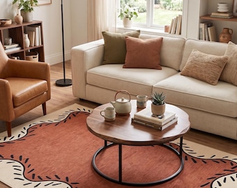 Hand Tufted Scalloped Border Rug, Terracotta Area Rug, Modern Wavy Edge Carpet