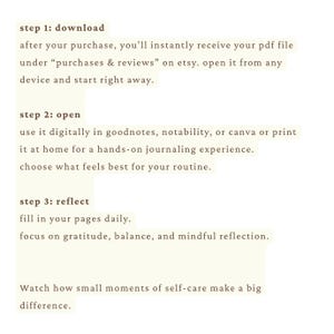 May include: A cream-colored graphic with text detailing a three-step process: download, open, and reflect. The text encourages users to download a PDF file, open it digitally or print it, and focus on gratitude and balance.