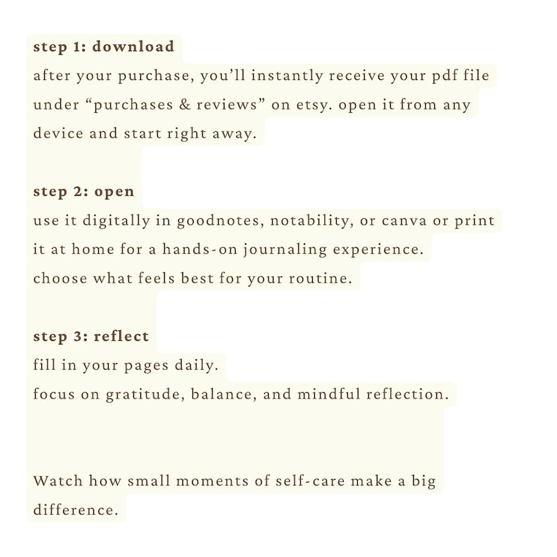 May include: A cream-colored graphic with text detailing a three-step process: download, open, and reflect. The text encourages users to download a PDF file, open it digitally or print it, and focus on gratitude and balance.