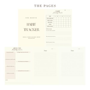 May include: A collection of cream-colored planner pages. The pages include a habit tracker, self-care prompts, and note sections. The text on the pages includes "Habit Tracker", "Selfcare Monthly check in", and "Notes". The overall theme is organization and self-improvement.