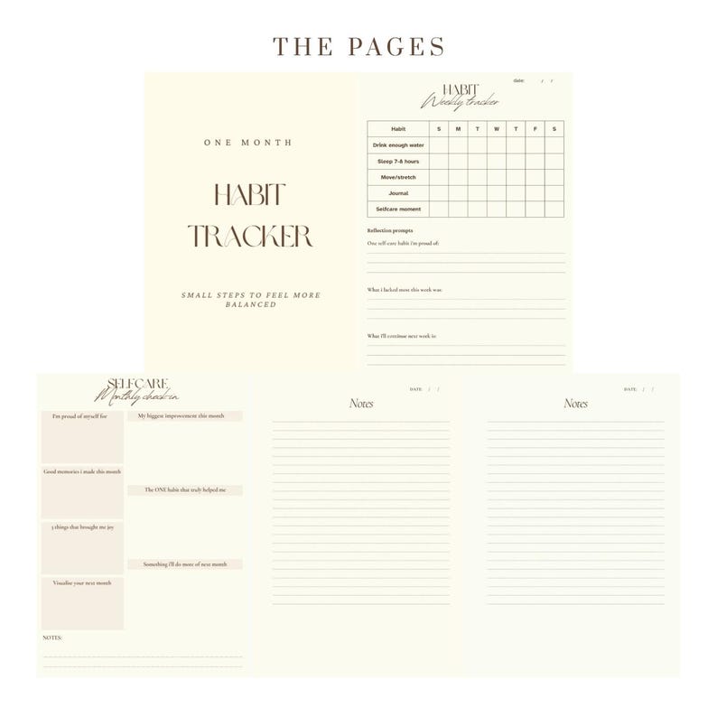 May include: A collection of cream-colored planner pages. The pages include a habit tracker, self-care prompts, and note sections. The text on the pages includes "Habit Tracker", "Selfcare Monthly check in", and "Notes". The overall theme is organization and self-improvement.