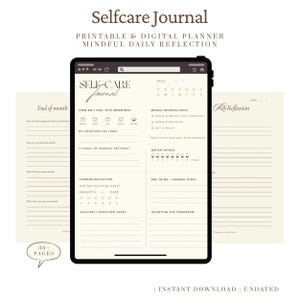 Op de afbeelding: Een digitaal zelfzorgdagboek op een tablet, ontworpen voor dagelijkse reflectie en mindfulness. Het bevat secties voor het volgen van stemming, dankbaarheid en waterinname. De tekst van het dagboek luidt "Selfcare Journal".