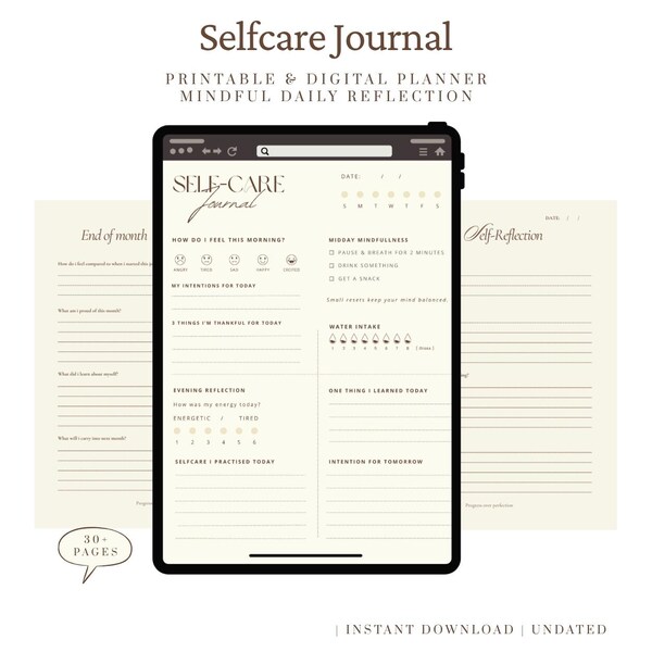 One Month Self-Care & Gratitude Journal | Digital Printable Planner | Daily Reflection | Mindfulness PDF | Wellness Journal for Calm Focus
