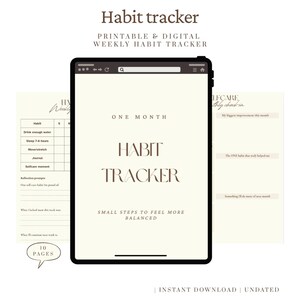 Op de afbeelding: Een digitale habit tracker weergegeven op een tablet, met de woorden "Habit Tracker" bovenaan. De tracker bevat secties voor het volgen van gewoonten, zelfzorg en journaling. De tekst "Small steps to feel more balanced" is ook zichtbaar.