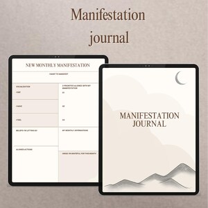 Op de afbeelding: Twee digitale manifestatiedagboeken. Eén open dagboek toont prompts voor visualisatie, affirmaties en dankbaarheid. De andere kaft bevat de tekst "Manifestation Journal" en een berglandschap.