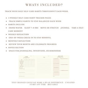 May include: A self-care habit tracker with the text "Whats Included?" and a list of features, including weekly and monthly reflections, and space for journaling. The tracker is undated and reusable.