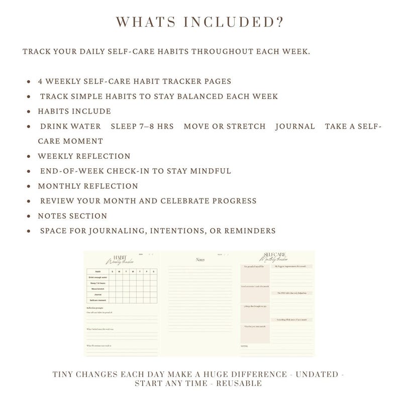 May include: A self-care habit tracker with the text "Whats Included?" and a list of features, including weekly and monthly reflections, and space for journaling. The tracker is undated and reusable.
