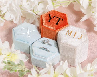 Personalized Velvet Ring Box, Double Slot Engagement Ring, Wedding Gift