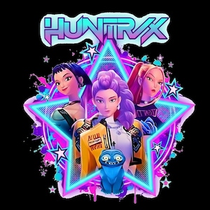May include: Digital illustration of three stylized female figures within a neon star, with the word "HUNTRAX" above. The women have varied hair colours and wear futuristic attire. A blue creature is at the bottom. The background is black.