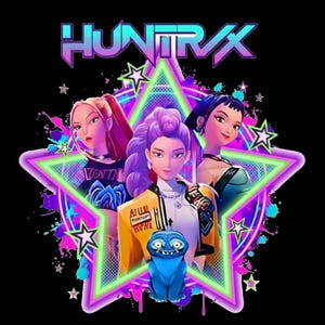 May include: Digital art featuring three stylized female figures within a neon star, with the word "HUNTRAX" above. The figures have pink, purple, and black hair. A blue creature is at the bottom. The background is black.