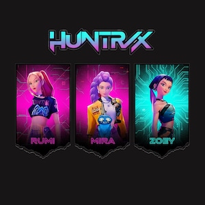 May include: Digital artwork showcasing three female characters in distinct poses and outfits. The characters are named Rumi, Mira, and Zoey. The Huntrax logo is at the top. The background is a neon pink and teal.