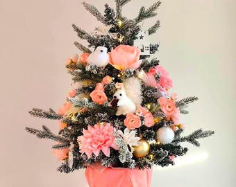 Kunstboom tafelblad kunstbloemen 70 cm met onbreekbaar plastic decor en led-verlichting