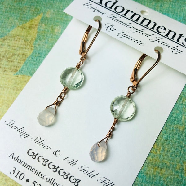 Green Amethyst, Rose Quartz, Pastel Green, Pink, 14KRose Gold Filled, Semi-Precious Stones, Bridal, Wedding, Gifts