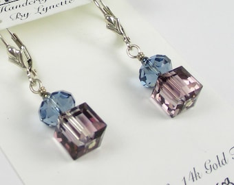 Swarovski Crystal Cube and Roundel Earrings, Antique Pink, Blue Denim, Blue, Purple, Two Tones, Dangle, Two Colors, Wedding, Gifts