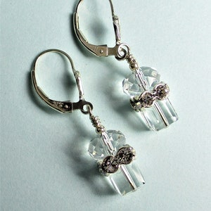 Swarovski Crystal Clear Cube Earrings, Sterling Silver, with Roundels, Square Crystals, Drop Earrings, Wedding, Bridal, Gifts