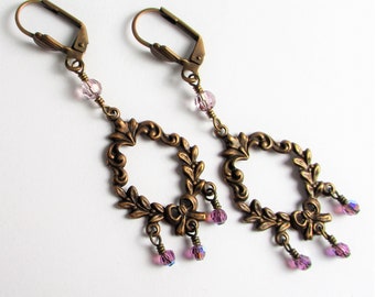Earrings, Antique Brass, Swarovski Amethyst and Antique Pink Crystals, Lever Back, Dangle, Drop, Bridal, Gifts, Chandelier